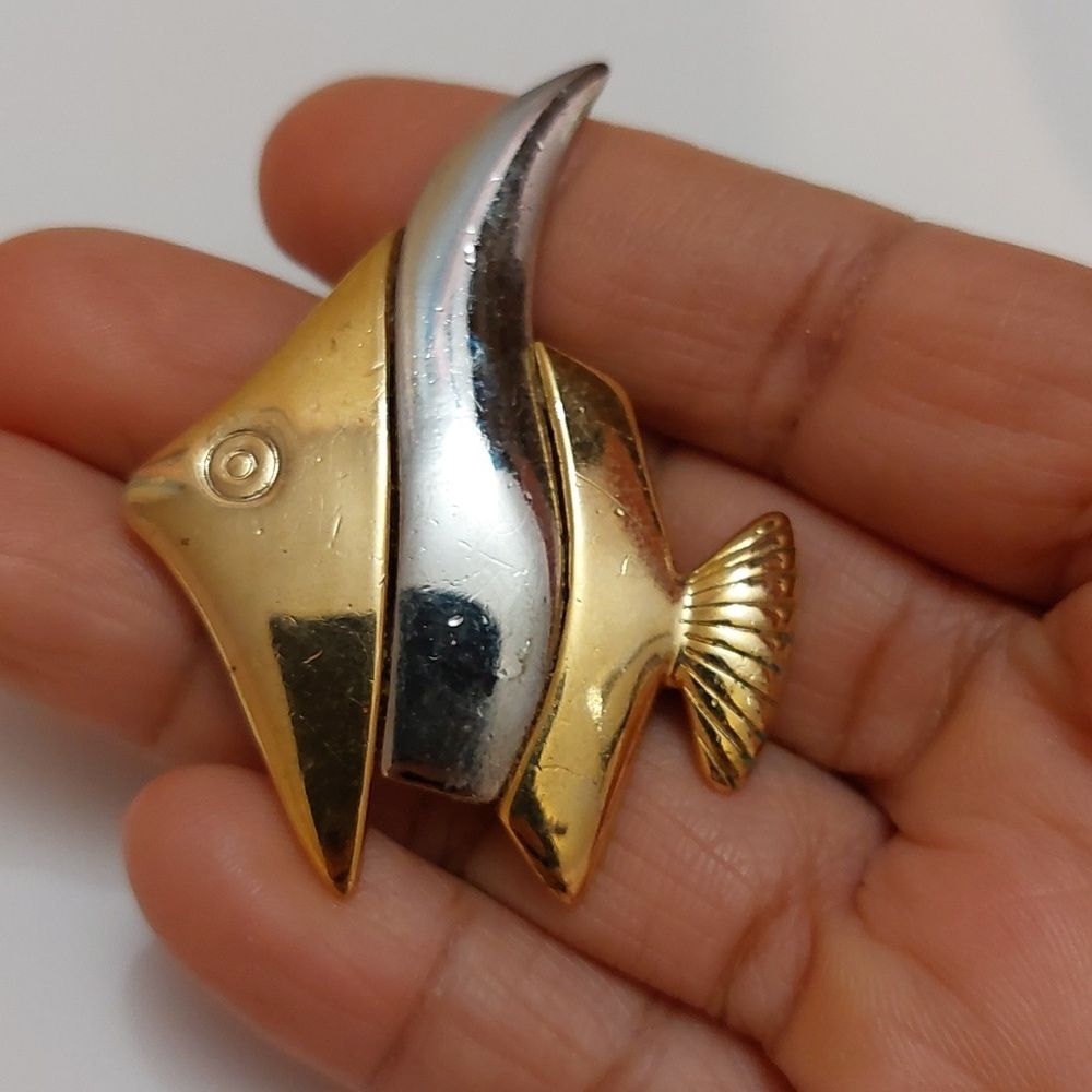 Vintage Liz Claiborne Two Tone Angel Fish Pin Brooch Silver Gold Tone
